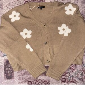 Love Tree Beige Cardigan with White Floral Accents